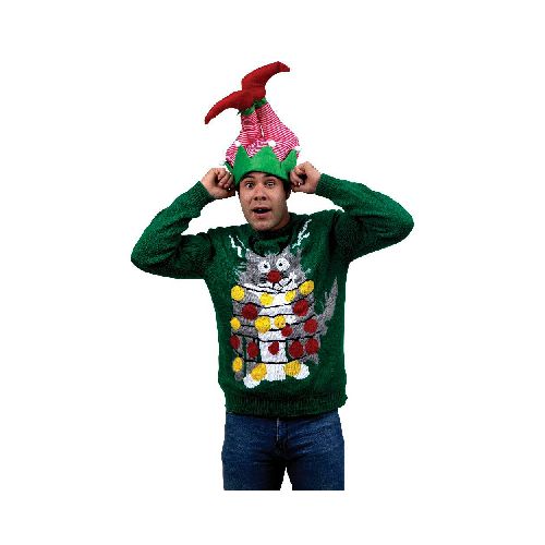 Suéter Gato Enredado Divertido para Hombre REV Ugly Sweater Verde Talla Adulto Ideal Fiestas de Navidad - Elektra, Tu Familia Vive Mejor