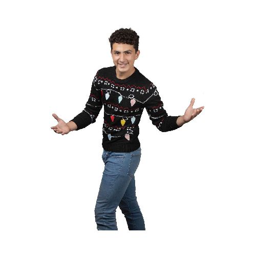 Suéter Focos Navideños REV Suéter Divertido para Hombre, Ugly Swater Negro Talla Adulto Ideal Fiestas de Navidad - Elektra, Tu Familia Vive Mejor