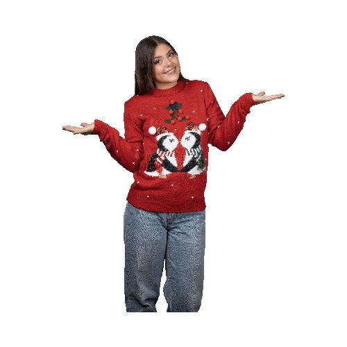 Suéter Pingüinos Divertido para Mujer REV Ugly Sweater Rojo Talla Adulto Ideal Fiestas de Navidad - Elektra, Tu Familia Vive Mejor