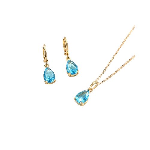 Collar Y Aretes Gota Aquamarina Oro 14k Laminado Dorado - Elektra, Tu Familia Vive Mejor