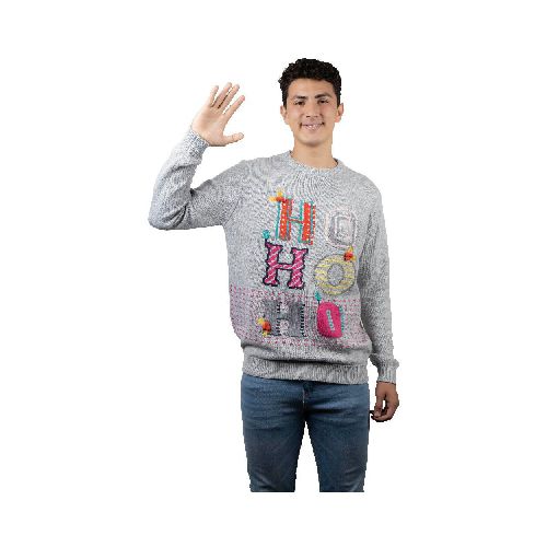 Suéter Ho Ho Ho REV Suéter Divertido para Hombre, Ugly Sweater Gris Talla Adulto Ideal Fiestas de Navidad - Elektra, Tu Familia Vive Mejor