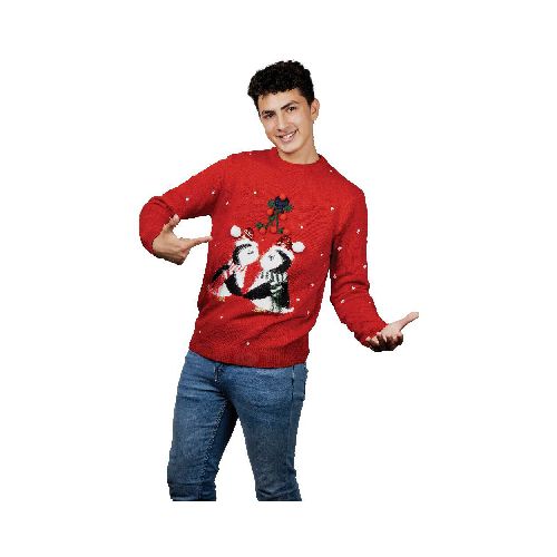 Suéter Pingüinos REV Suéter Divertido para Hombre, Ugly Sweater Rojo Talla Adulto Ideal Fiestas de Navidad - Elektra, Tu Familia Vive Mejor