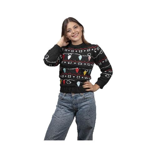 Suéter Focos Navideños REV Suéter Divertido para Mujer, Ugly Sweater Negro Talla Adulto Ideal Fiestas de Navidad - Elektra, Tu Familia Vive Mejor