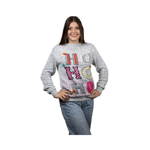 Suéter Ho Ho Ho REV Suéter Divertido para Mujer Ugly Sweater Gris Talla Adulto Ideal Fiestas de Navidad - Elektra, Tu Familia Vive Mejor