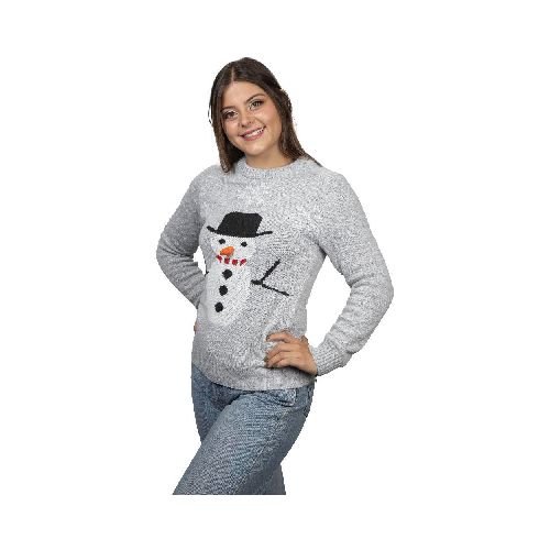 Suéter Muñeco de Nieve REV Suéter Divertido para Mujer, Ugly Sweater Gris Talla Adulto Ideal Fiestas de Navidad - Elektra, Tu Familia Vive Mejor