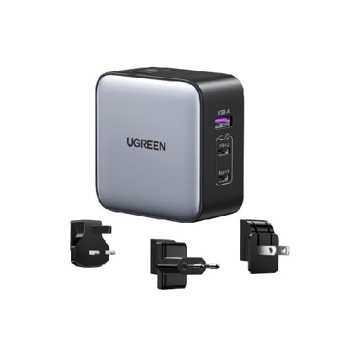 Ugreen Cargador Universal de Viaje 90409, 65W, 2x USB-C, 1x USB-A - Incluye 3 Enchufes Internacionales (EU/UK/US)  