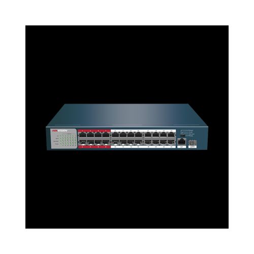 Switch Hikvision PoE+, No Administrable, 24 Puertos 100 Mbps PoE+, 1 Puerto 1000 Mbps + 1 Puerto SFP Uplink, PoE hasta 250 Metros, 230 Watts, Modelo: DS-3E0326P-E/M(B)  