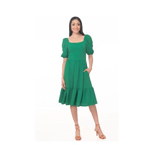 VESTIDO MIDI LISO SEMICIRCULAR ESCOTE CUADRADO MANGA GLOBO CORTA - Gran Chapur | Compra en Línea | Porque sé vivir