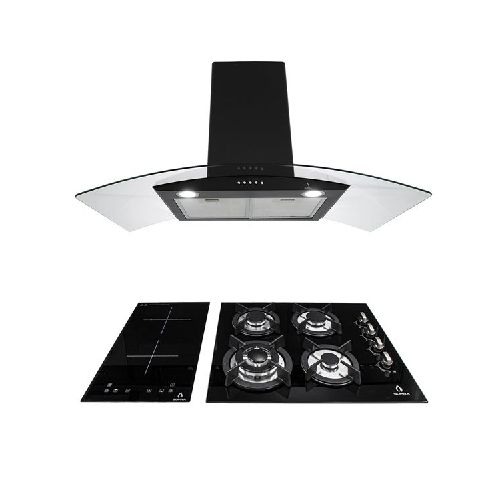 Tricombo GRONA color negro con campana de pared 90cm más parrilla de inducción y parrilla de gas con 4 quemadores