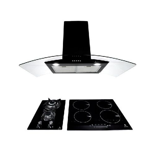 Tricombo LUSSARI color negro con campana de pared 90cm más parrilla de inducción y parrilla de gas 2quemadores