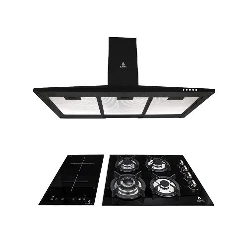 Tricombo GUGLIELMO color negro con campana de pared 90cm más parrilla de inducción y parrilla de gas con 4 quemadores