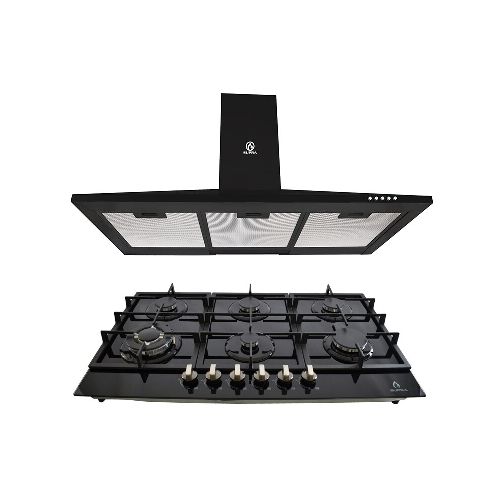 Combo SUPRA DORIA con campana de pared CM-90-black y parrilla a gas de 6 quemadores DIAMOND GLASS