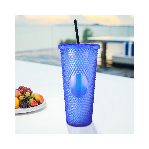 Vaso Texturizado color Azul Rey con Popote, 650ml  