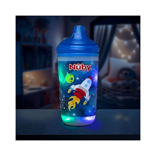 Vaso Entrenador Antiderrames Térmico con Boquilla Nuby 360° Luminoso color Azul 10oz.  