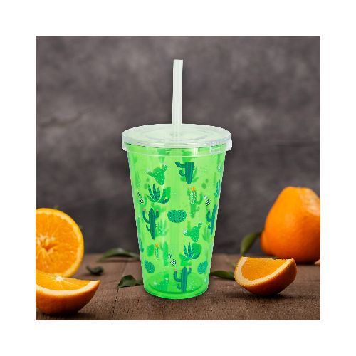 Vaso con Popote y Tapa Color Verde 400 ml  