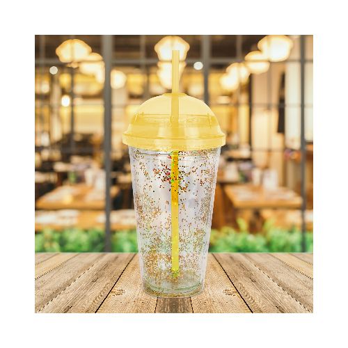 Vaso Decorado color Amarillo con Popote, 500ml  