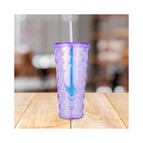 Vaso Decorado color Morado con Popote, 650ml  