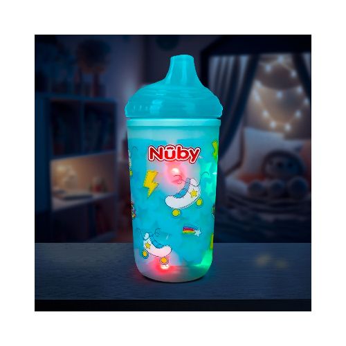 Vaso Entrenador Antiderrames Térmico con Boquilla Nuby 360° Luminoso color Turquesa 10oz.  