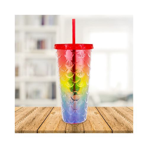 Vaso Decorado color Arcoíris con Popote, 650ml  