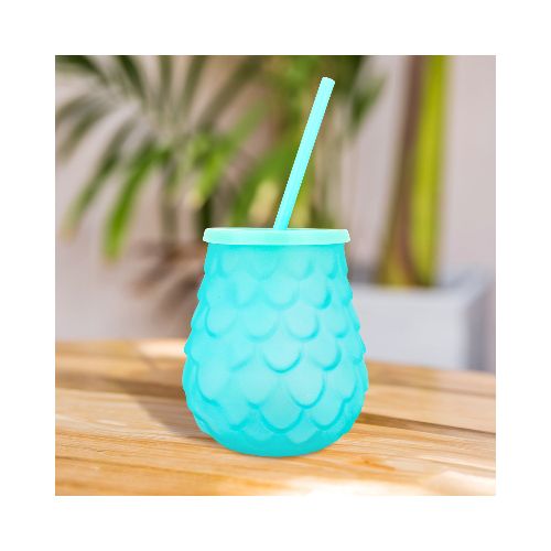 Vaso de Cristal con Popote, Color Azul Claro, 500 ml  