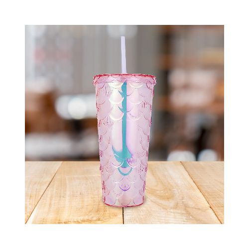 Vaso Decorado color Rosa con Popote, 650ml  