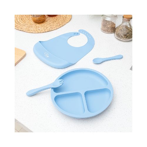 Set para su primera comida, incluye un babero con bolsa, un plato de succión con 3 compartimentos y cubiertos. Diseñado para ser duradero y práctico  