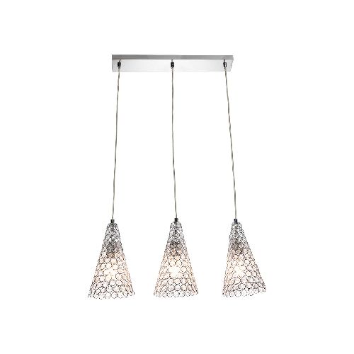 LÁMPARA COLGANTE ESTILO MODERNO 3 LUCES ACABADO CROMO CON PANTALLAS DE CRISTAL TRANSPARENTE 40W  